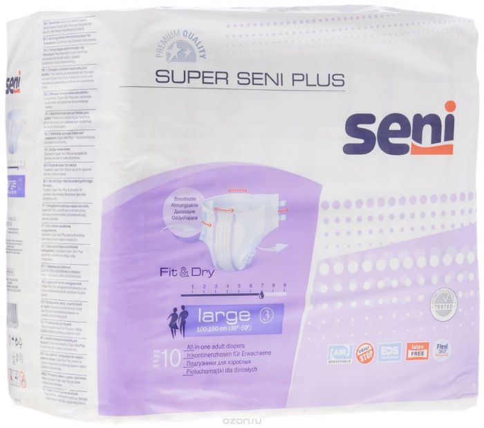 

Seni Super Air + Подгузники для взрослых L 100-150 см свыше 75 кг 10 шт.