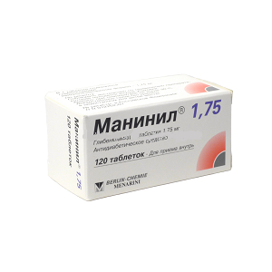 Купить Манинил таблетки 1, 75 мг 120 шт., Berlin-Chemie/A. Menarini [Берлин-Хеми/А. Менарини]
