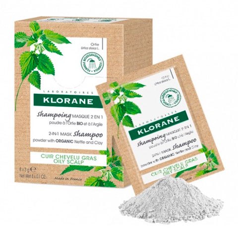 klorane Порошковый шампунь-маска 2-в-1 с экстрактом крапивы и глины 3г 8 шт.