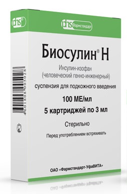Биосулин Н суспензия для подкожного введения 100 МЕ/мл картридж 3 мл 5 шт.