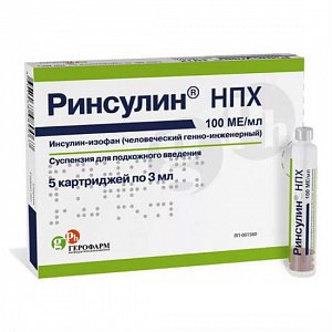 Ринсулин НПХ суспензия для подкожного введения 100 МЕ/мл картридж 3 мл 5 шт.
