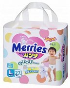 Merries Подгузники-трусики р.L 9-14 кг 27 шт. Merries Подгузники-трусики р.L 9-14 кг 27 шт.