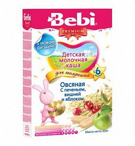 Bebi Premium Каша молочная для полдника овсяная с Печеньем вишней и яблоком с 6 мес. 200 г