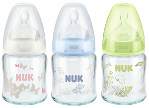 NUK Бутылочка First Choice Plus стеклянная 120 мл с силиконовой соской р.1 M (0-6 мес.)