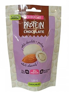 Протеиновые драже в шоколаде 120г Protein Chocolate Dragee белый шоколад с миндалем Chikalab