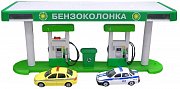 Технопарк SB-13-08 Бензоколонка с 2-мя машинами металлическая, лада со светом, 1:72