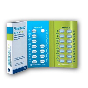 Чампикс таблетки покрытые пленочной оболочкой комплект 0,5 мг 11 шт. и 1 мг 14 шт.